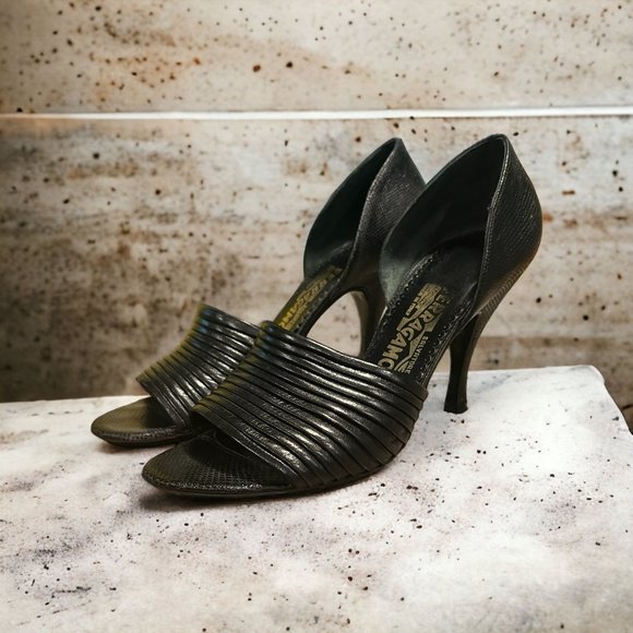 Salvatore Ferragamo Shoes - Salvatore Ferragamo D'Orsay Black Heels Pumps Open Toe Reptile Print Leather Sz